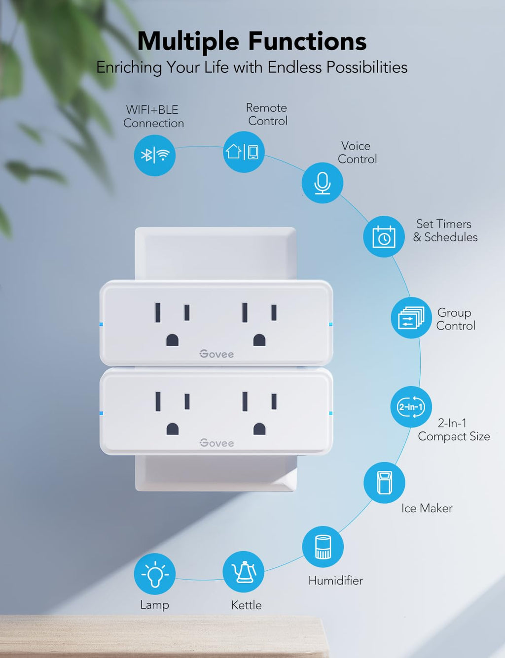 Dual Smart Plug 2 Pack, 15A WiFi Bluetooth Outlet, 2-in-1 Design | Works with Alexa and Google Assistant, Remote