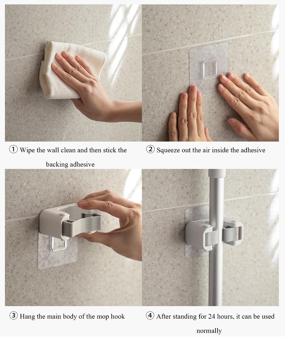 Broom Holder Wall Mount Self Adhesive, No-Drill Mop Grip Double Clip