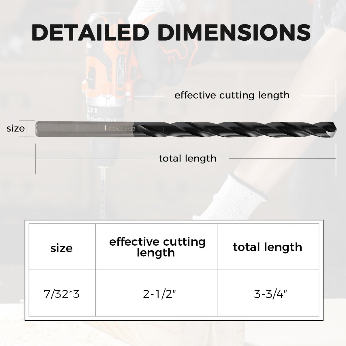 3Pcs 7/32" M35 Cobalt Drill Bit Set, 3-3/4" Overall Length, TiAlN Coat