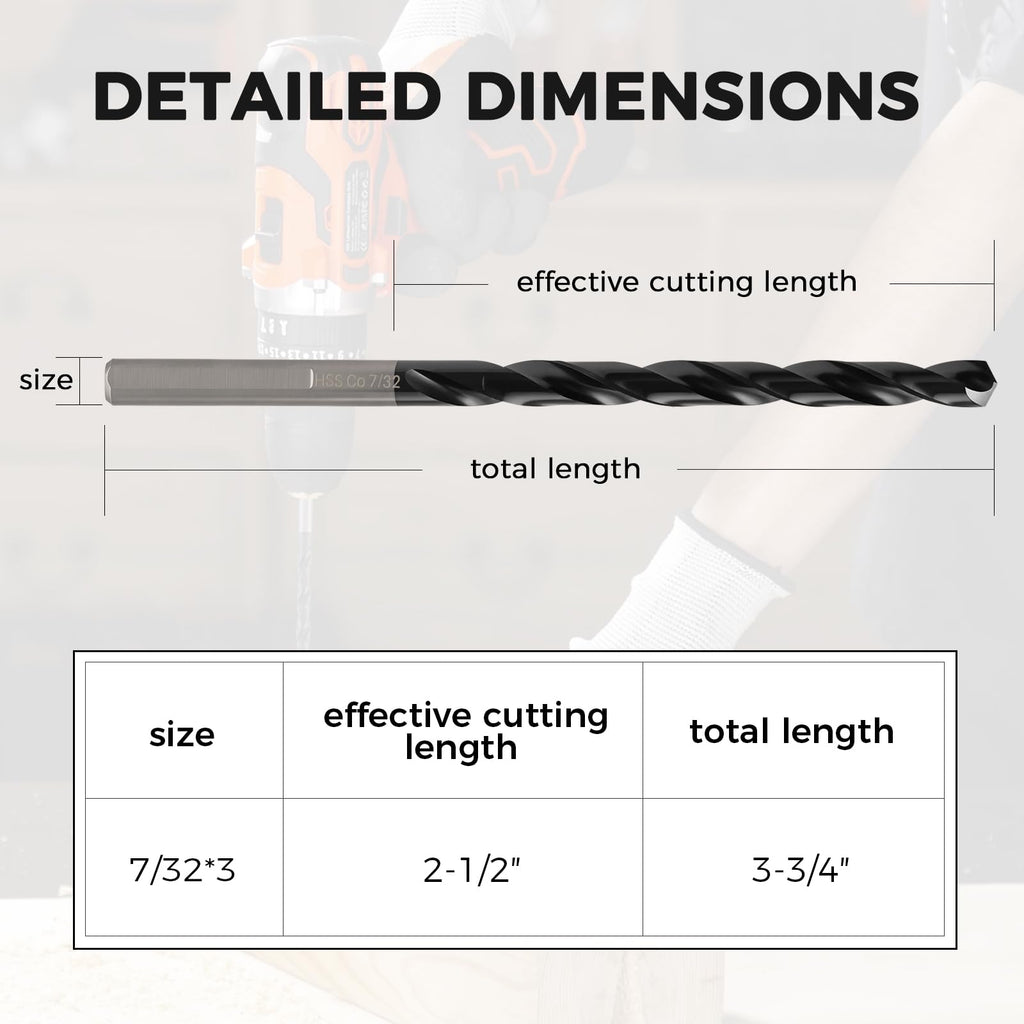 3Pcs 7/32" M35 Cobalt Drill Bit Set, 3-3/4" Overall Length, TiAlN Coat