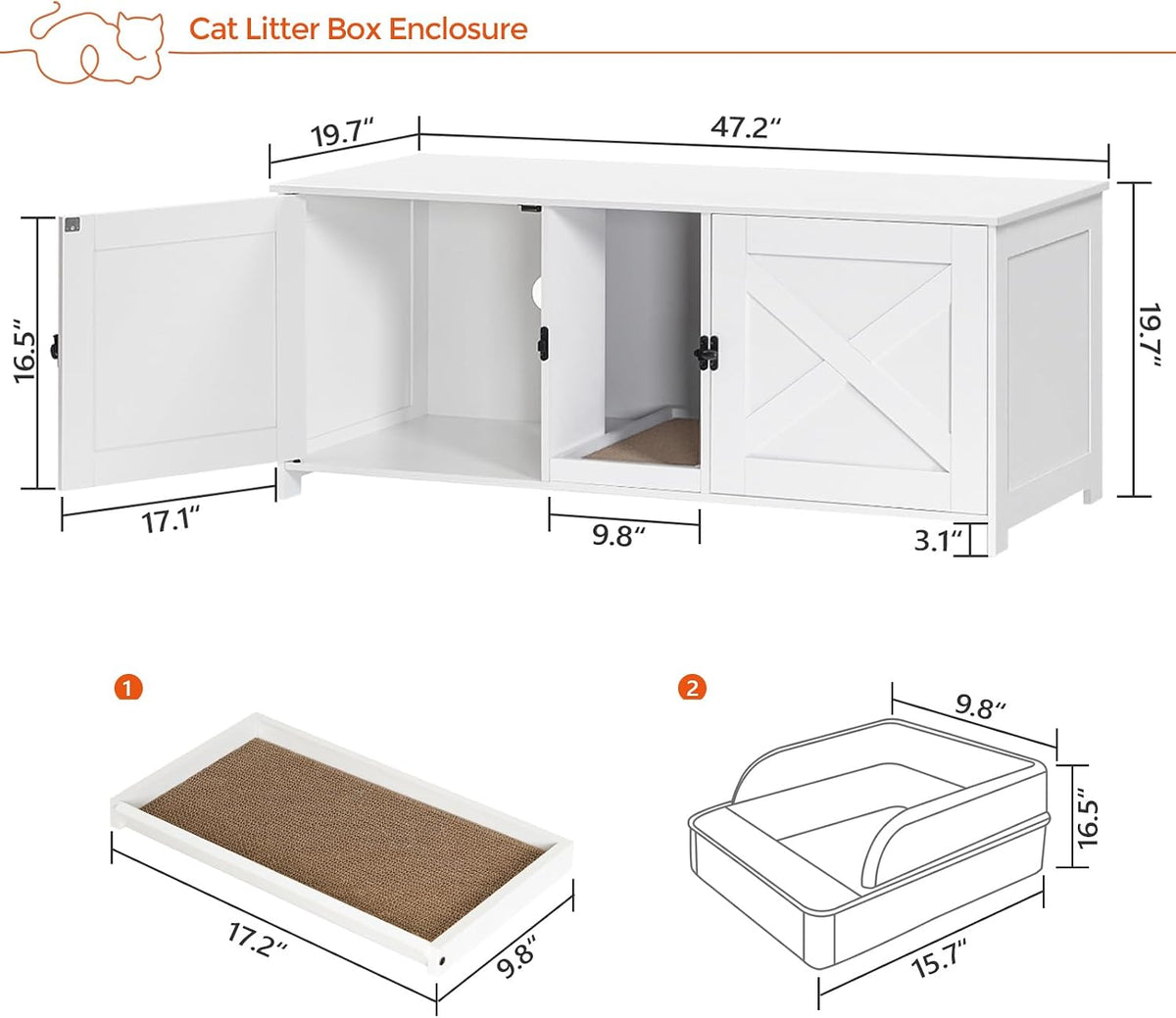 Cat Litter Box Enclosure for 2 Cats, 47.2" Hidden Litter Box Furniture with Double Room, Wooden Cats Washroom with