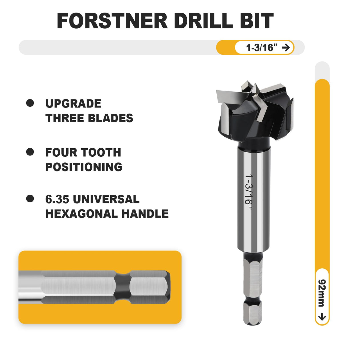 WOBLLMX 1-3/16" Forstner Drill Bit with 1/4" Quick Change Hex Shank