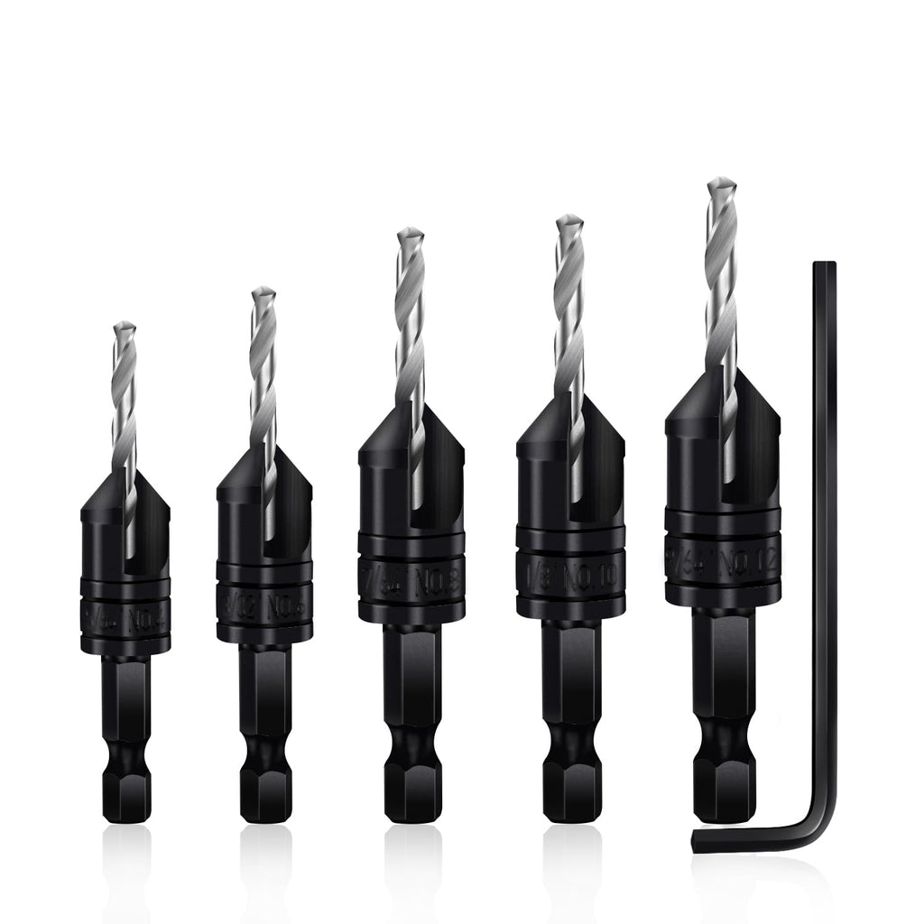 Countersink Drill Bit Set 5 pc,3in1 Woodworking Counterbore Hole Drill Bits,Tapered Countersink Bit,Depth Adjustable M2 Pilot Drill Bits, 82-Degree Chamfer, 1/4”Hex Shank