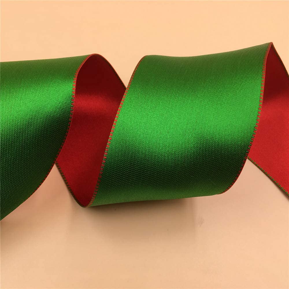 Wired Satin Ribbon Reversible Red Green for Christmas Decoration,Wreath Bow,Floral Craft,2-1/2 Inch X 10 Meters