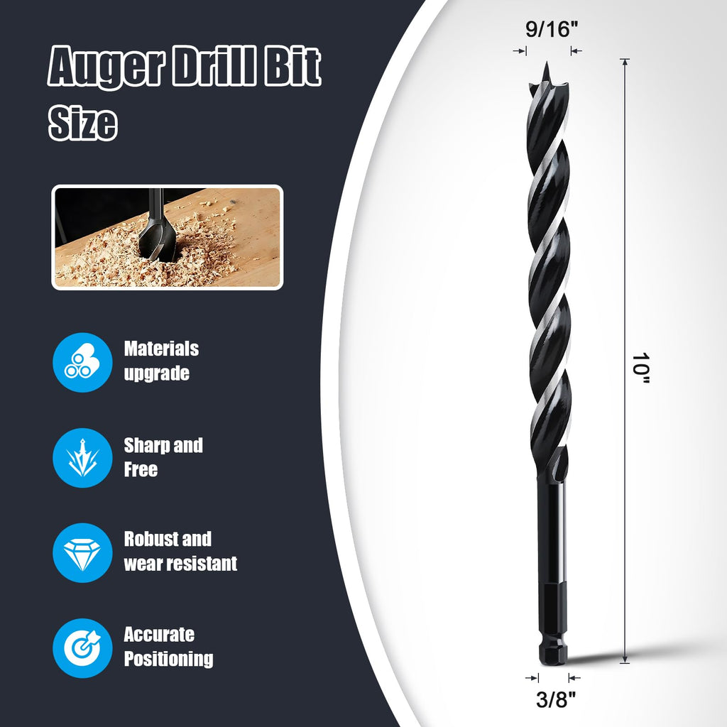 WOBLLMX 9/16" x 10" Auger Drill Bit for Wood,Hex Shank Tri Flute Drill Bit