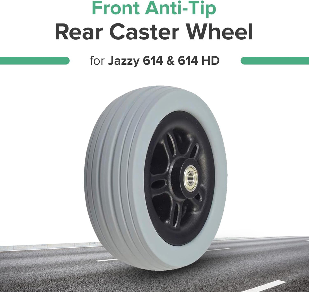 AlveyTech 6"x2" (150x50) Front Anti-Tip/Rear Caster Wheel for Jazzy 614 & 614 HD Power Chairs - Replacement Power Chair Wheels with Solid Flat-Free Gray Ribbed Tire and 608ZZ Bearings (WHLASMB81827)