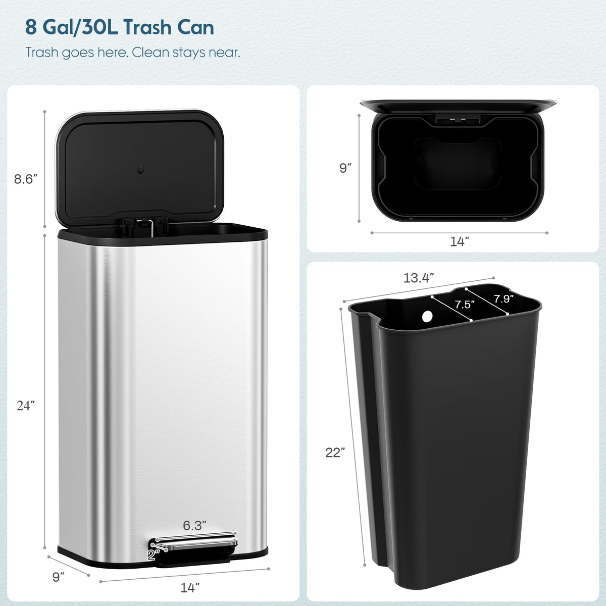 8 Gallon 30L Square Step Kitchen Trash Can, Stainless Steel, Silver