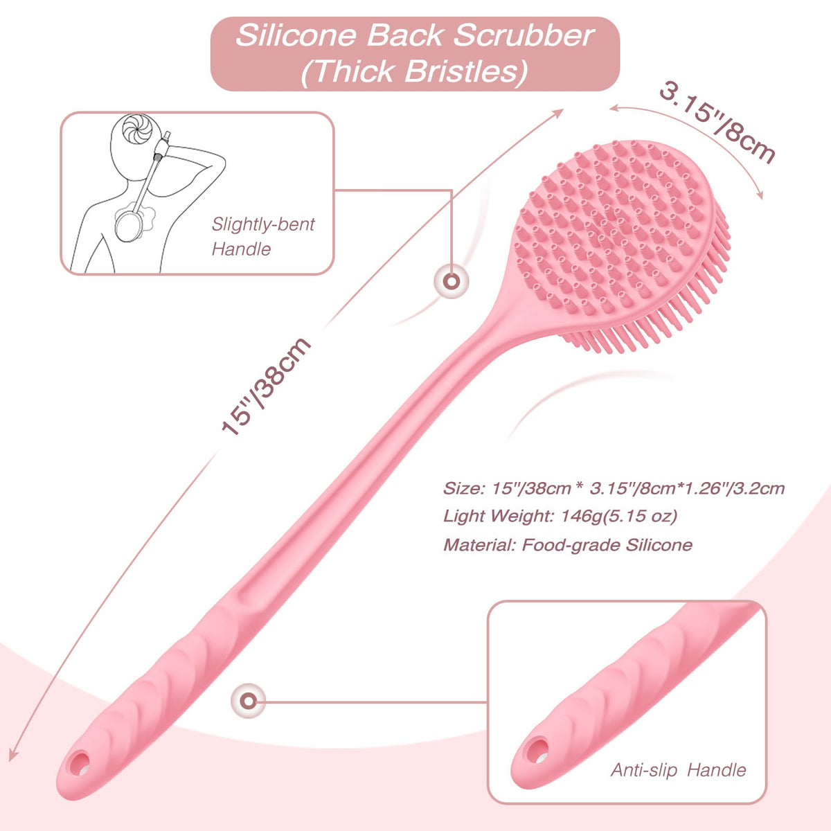 Silicone Back Scrubber & Soft Bath Glove Set 2PCS Pink