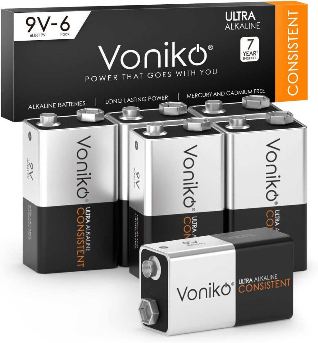 9V Batteries 6 Pack, 9 Volt Alkaline Battery for Smoke Alarms | 6LR61 Consistent Square Battery for Guitar Pedals &