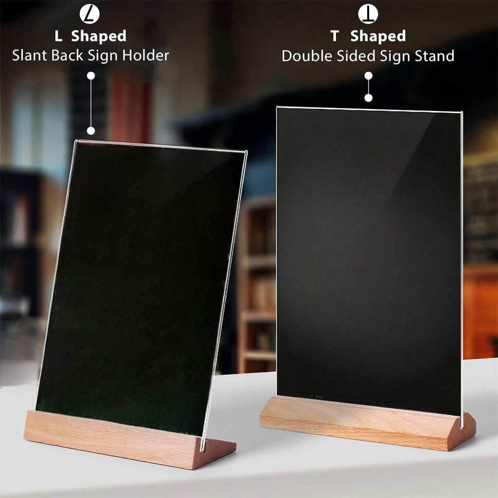 3 Pack 5x7 Acrylic Sign Holder Slant Back Design L Shape Clear Acrylic Frames Wood Base, Table Menu Display Stand