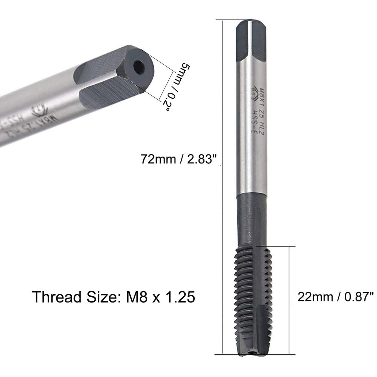 Boxonly 2pcs M8 x 1.25mm Spiral Point Threading Tap, H2 Tolerance, High Speed Steel, TICN Coated, Round Shank, Square End