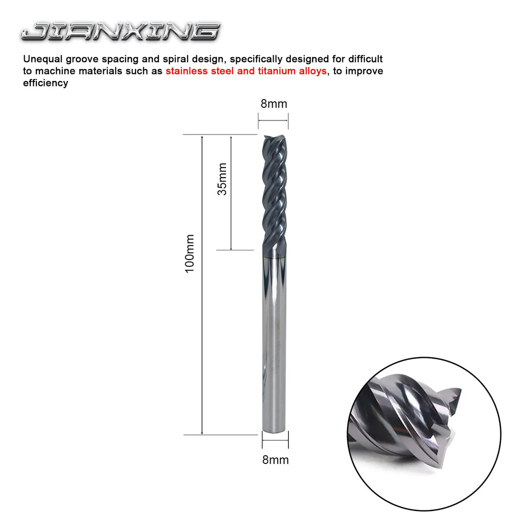 JIANXING 8mm Extra Long 4-Flute Carbide Square End Mill, 100mm OAL, 1 Pc