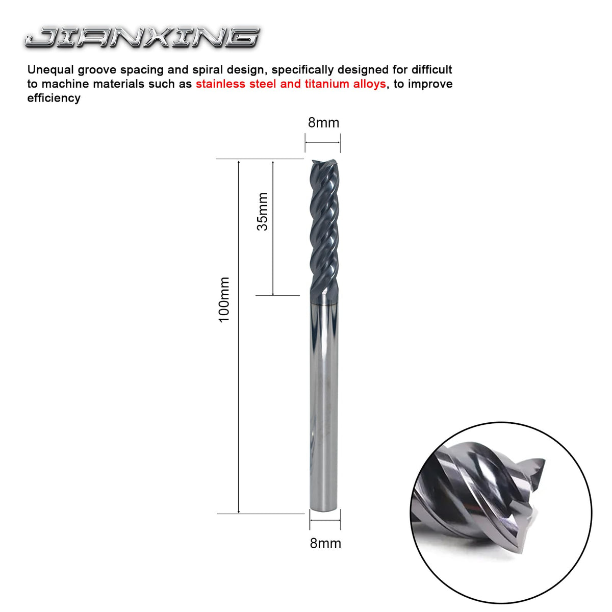 JIANXING 8mm Extra Long 4-Flute Carbide Square End Mill, 100mm OAL, 1 Pc