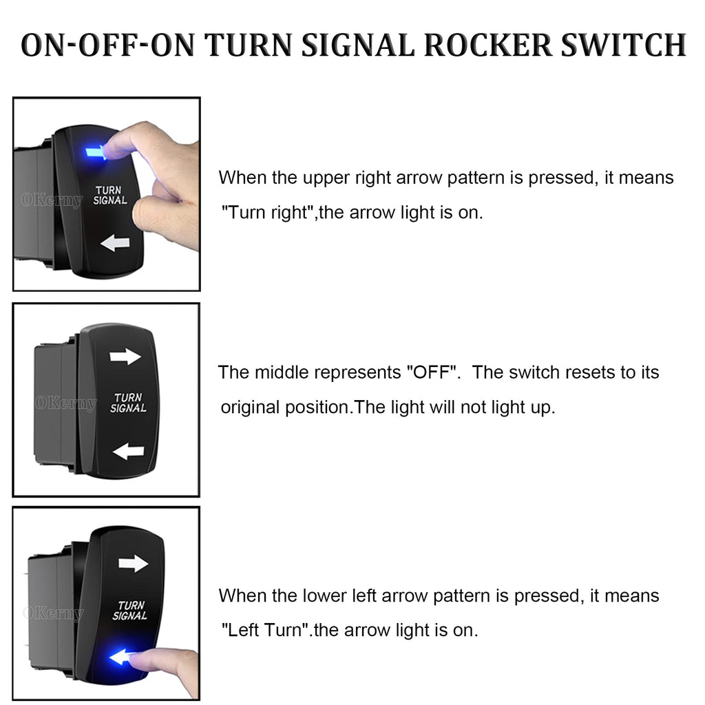 Okerny 5 Pin Rocker Switch Turn Signal Laser Etched Blue LED Backlit ON/Off Toggle Switch 12V 24V 20A IP65 Waterproof with Jumper Wires for Truck ATV UTV RV Jeep Off Road