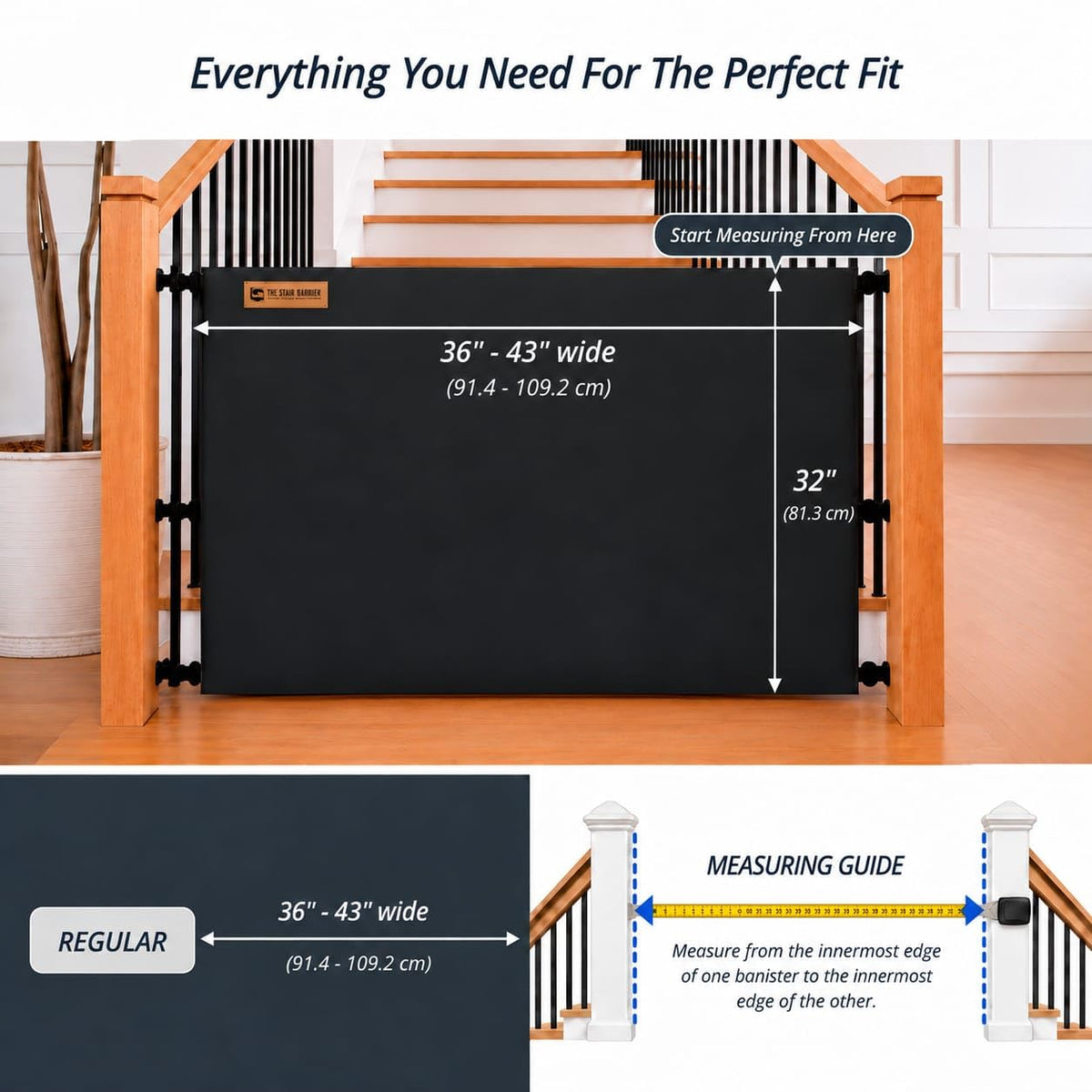 36-42" Wide x 32" Tall Extra-Tall & Extra-Wide No-Drill Pressure-Mounted Pet & Child Safety Gate with Dual-Lock Walk-Through Swing Door for Stairs, Hallways & Wide Doorways