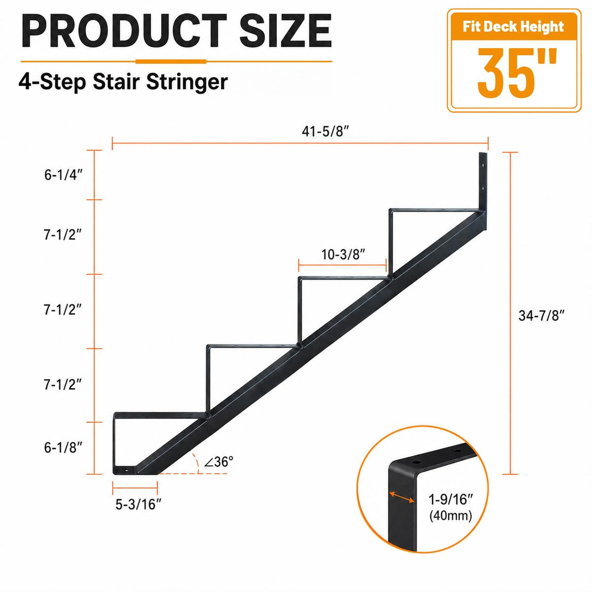 4-Step Outdoor Steel Stair Stringer for Deck Height 35in, 2 Pack