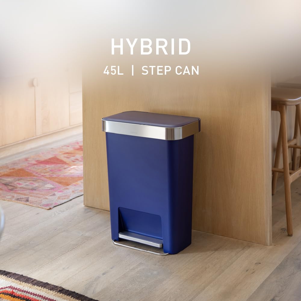 Hybrid Step Can, 45L / 12 Gallon Rectangular Kitchen Trash Can, Studio Edition, Liner Rim System, Liner Pocket