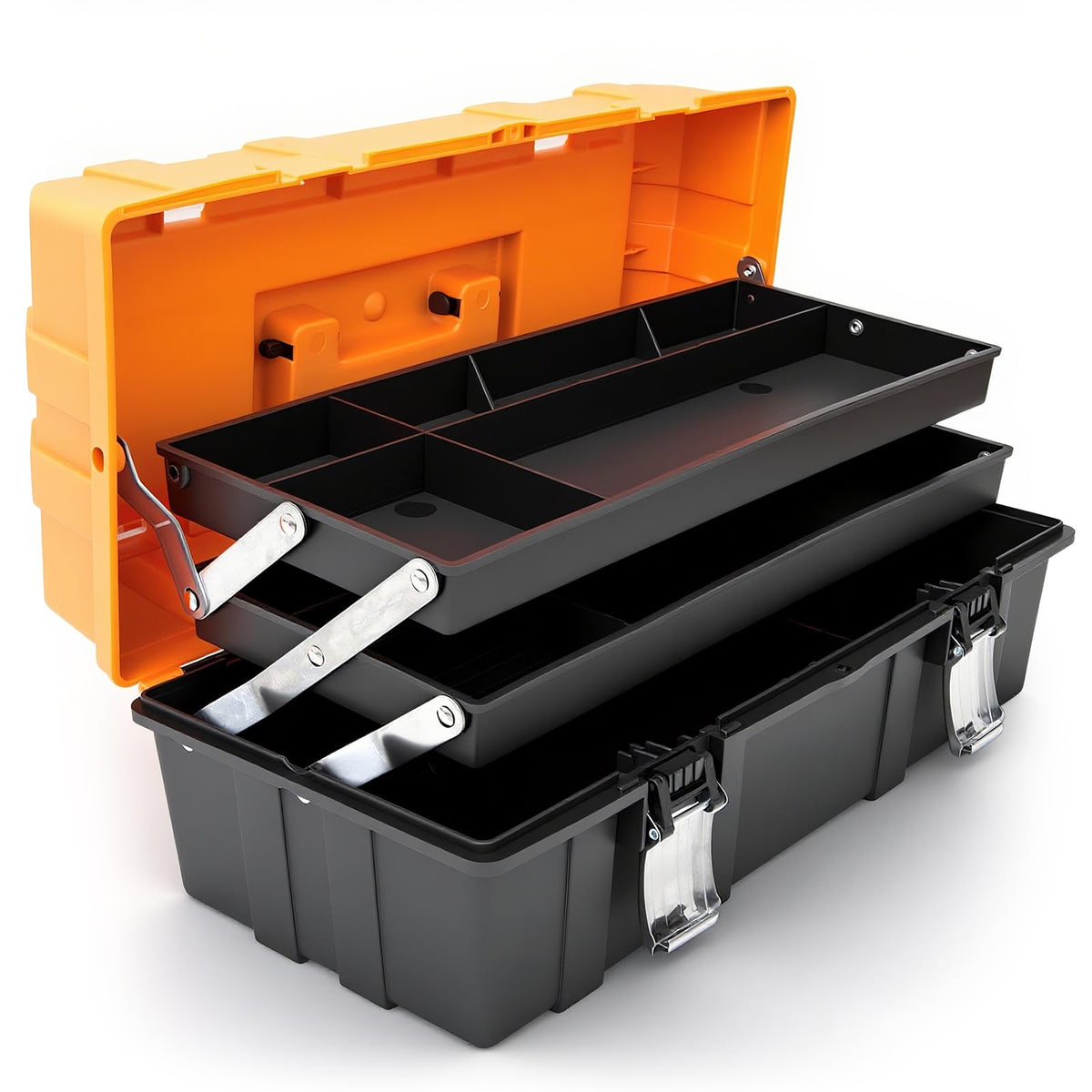 17-Inch Plastic Tool Box,3-Tiers Multi-Function Storage Portable Toolbox Organizer, Black/Orange ATRJH-3430T