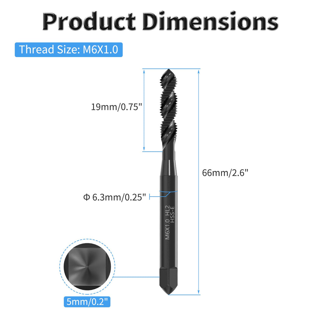 FOCMKEAS 2 Pcs M6x1.0 Spiral Flute Tap, HSS Nitriding, Pointed End, H2