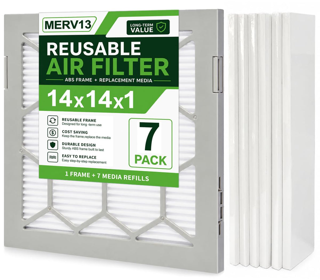 14x14x1 MERV 13 Air Filter,AC Furnace Air Filter,Reusable ABS Plastic Frame, 7 Pack Replaceable Filter Media (Actual