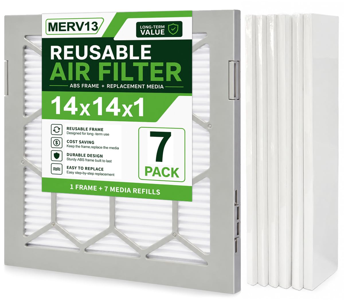 14x14x1 MERV 13 Air Filter,AC Furnace Air Filter,Reusable ABS Plastic Frame, 7 Pack Replaceable Filter Media (Actual