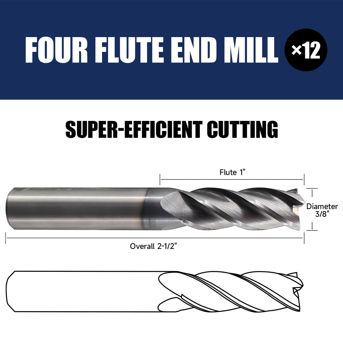 2Pcs 3/8" Carbide Square End Mill 4-Flute TIALN Coated CNC Milling Bits