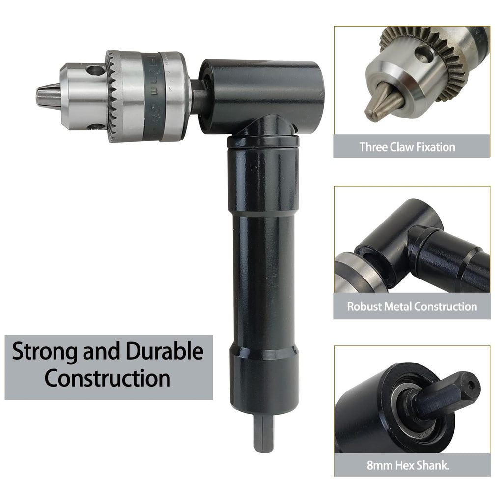 90° Right Angle Drill Adapter 3/8" Chuck 8mm Hex Shaft for Cordless