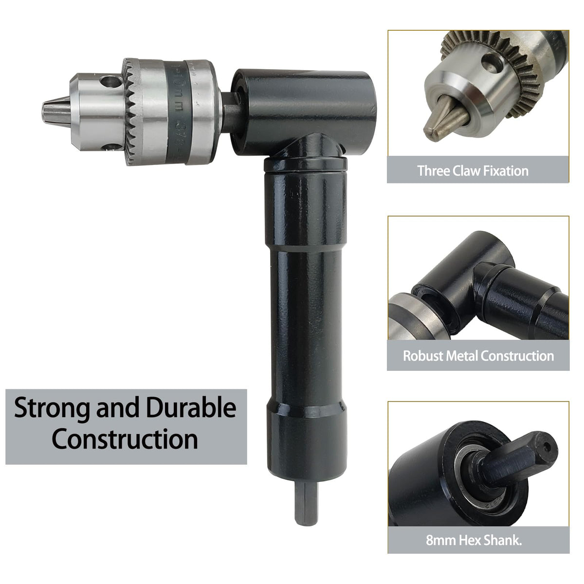 90° Right Angle Drill Adapter 3/8" Chuck 8mm Hex Shaft for Cordless