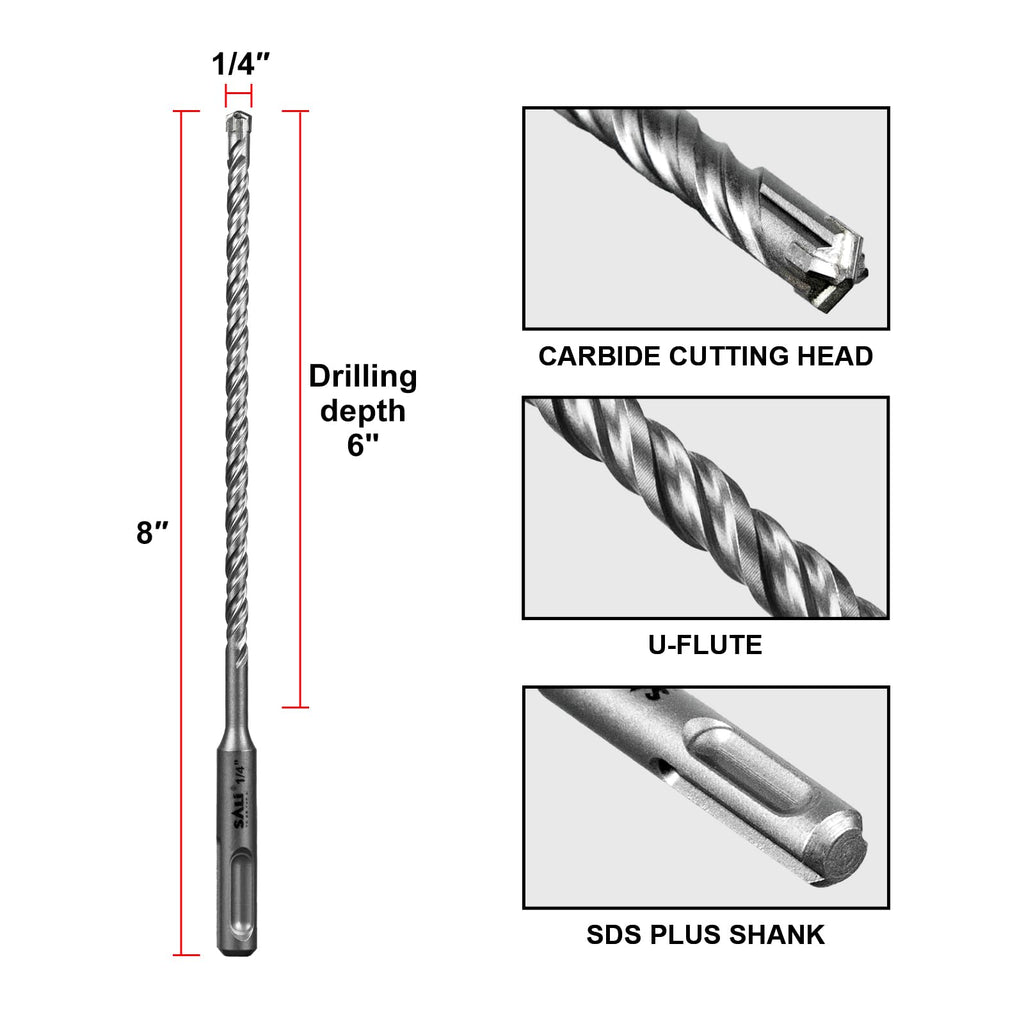 SALI 10PCS 1/4"*8" SDS Plus Rotary Hammer Drill Bit Concrete Drill Bit Kit Cross-Type Double Thread Carbide Material Suitable for Brick, Cement Walls, Stone, Hammer Drill Bits
