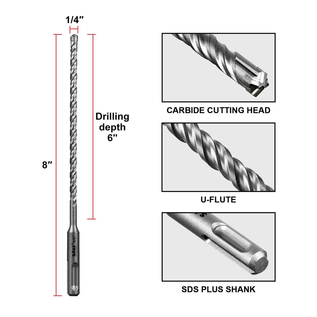 SALI 10PCS 1/4"*8" SDS Plus Rotary Hammer Drill Bit Concrete Drill Bit Kit Cross-Type Double Thread Carbide Material Suitable for Brick, Cement Walls, Stone, Hammer Drill Bits