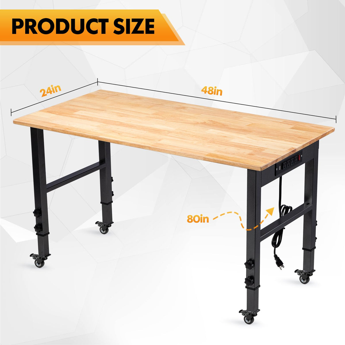 48" Adjustable Workbench, Work Table with Wheels and Power Outlet