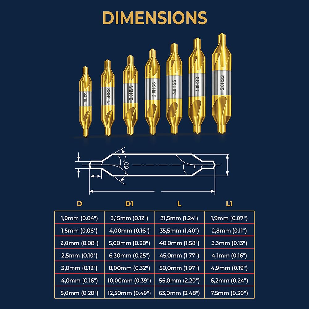 TJR Set of 7pcs TiN Coated Center Drills - 1mm, 1.5mm, 2mm, 2.5mm, 3mm, 4mm, 5mm - High-Speed Steel (HSS) Precision Drilling Tool Kit
