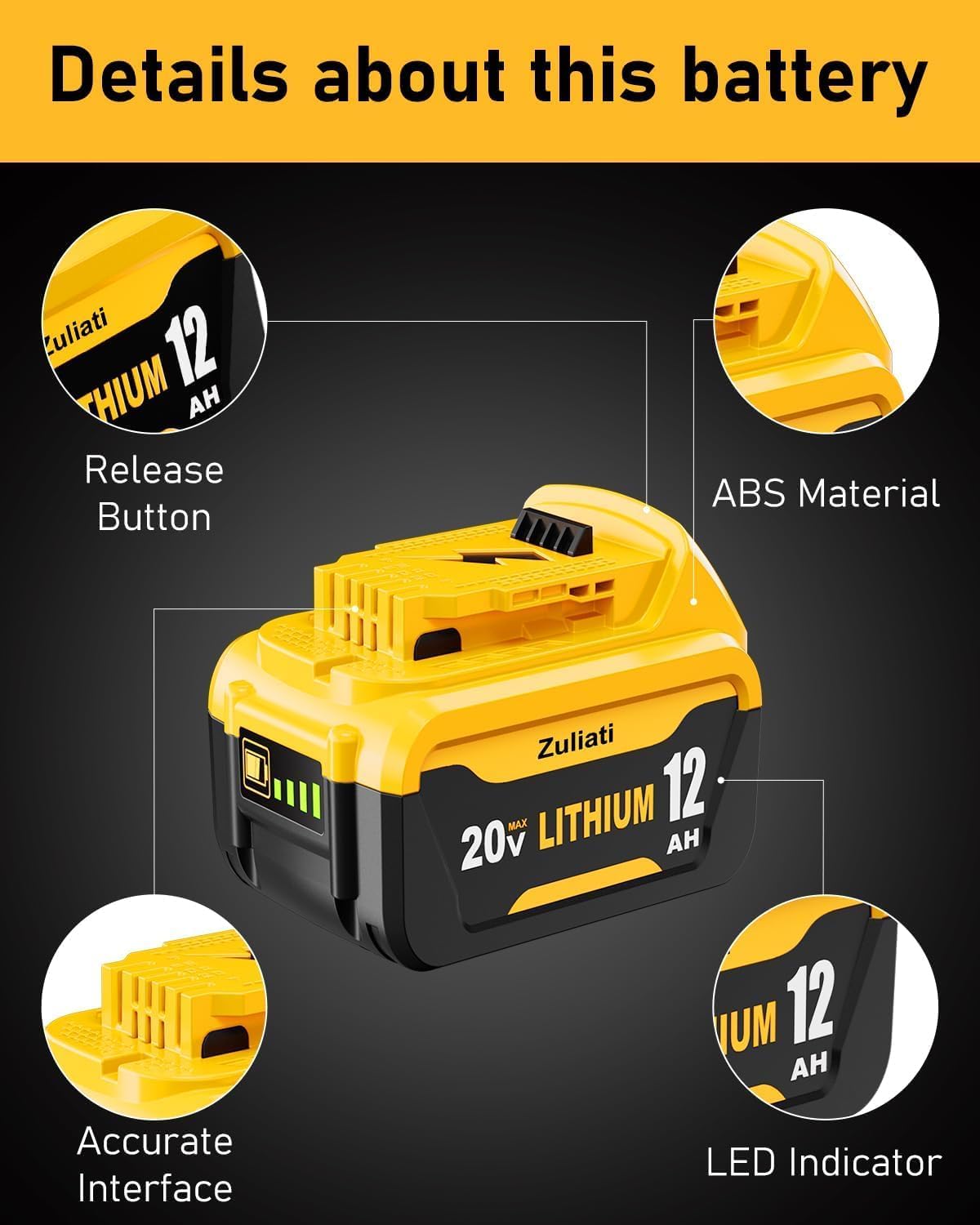 12Ah Replacement for Dewalt 20V Max Battery (Yellow-4PC)