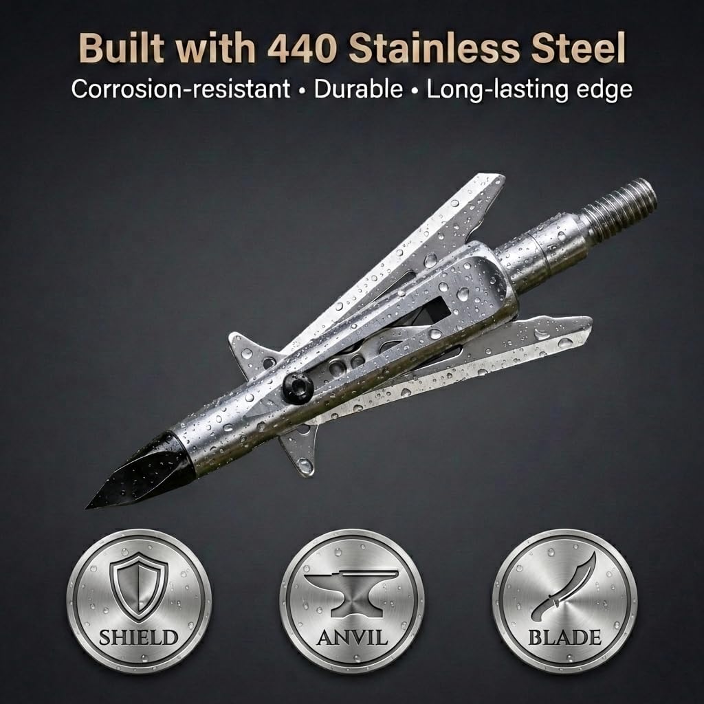 Mechanical Expandable Broadheads, 100 Grain, 440 Steel Blades | 2 Inch Cut, Chisel Tip, 8-32 Thread for Crossbow &