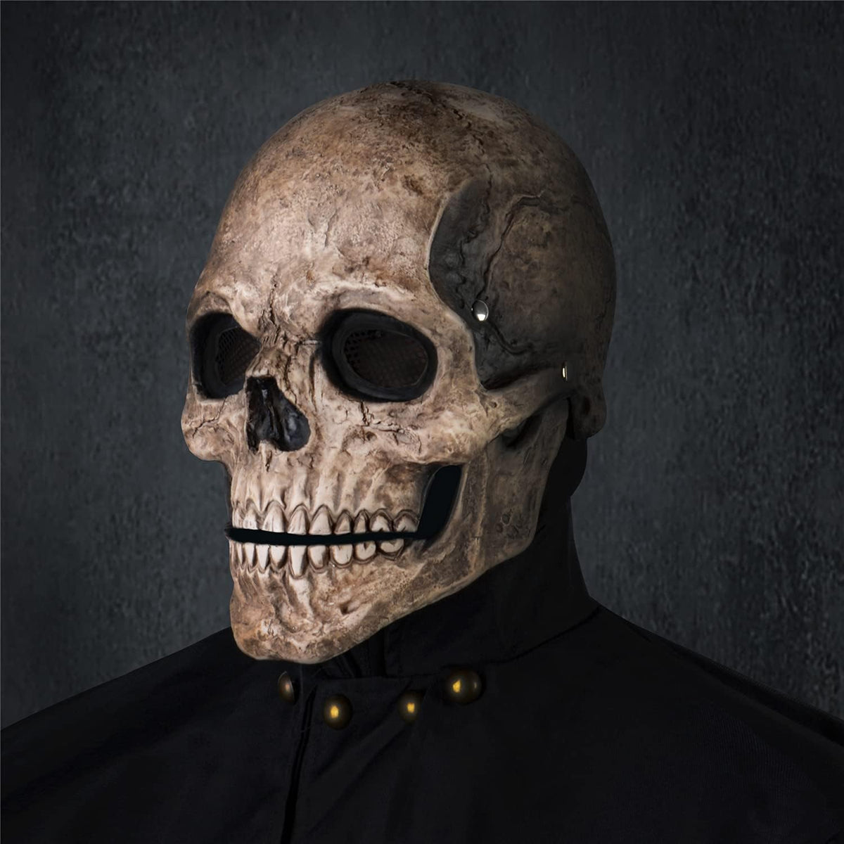 Creepy Halloween Full Head Skull Mask with Movable Jaw, Adult Entire Head Realistic Latex Helmet, Scary Skeleton