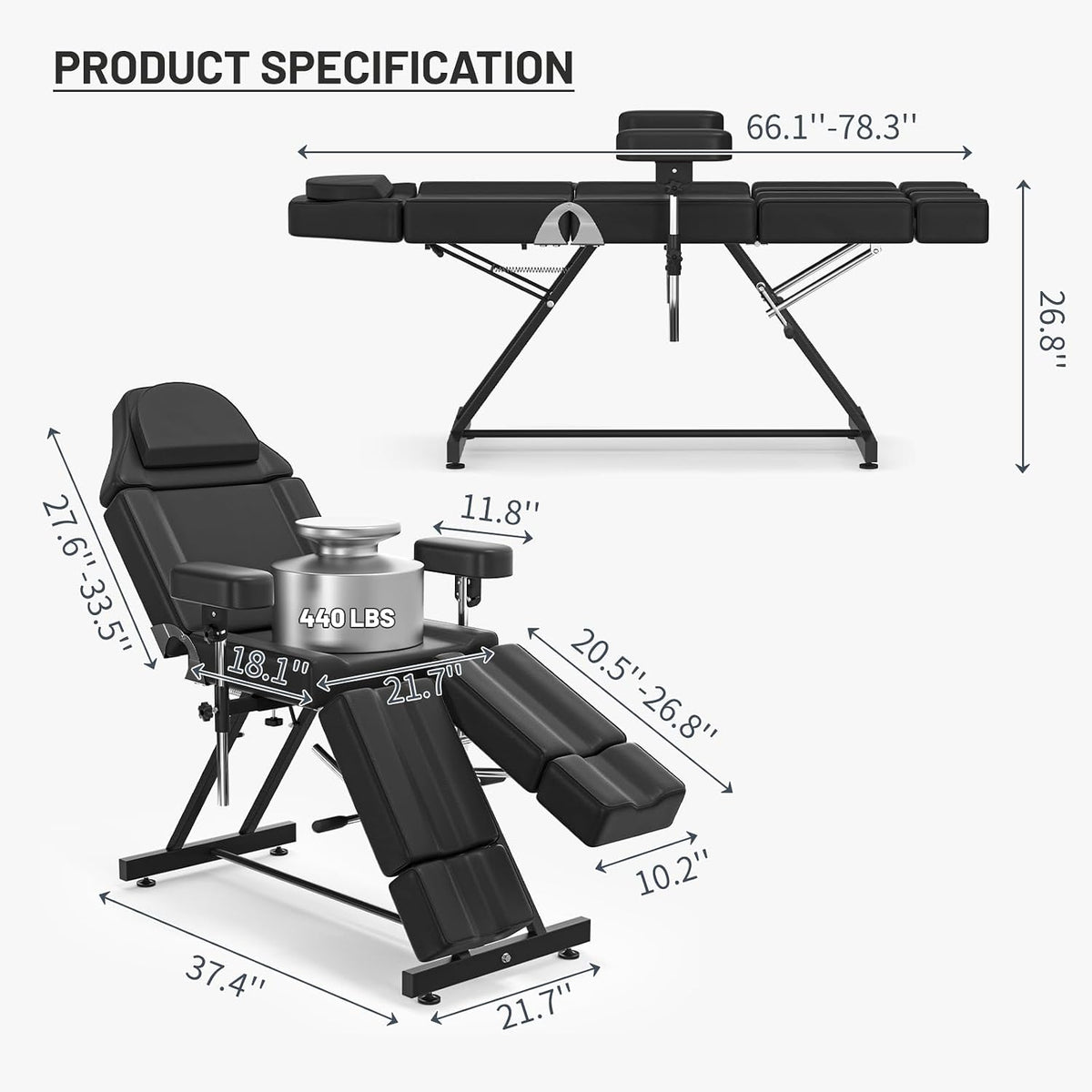 Tattoo Chair for Client, Spa Bed Adjustable Armrests Split Legs