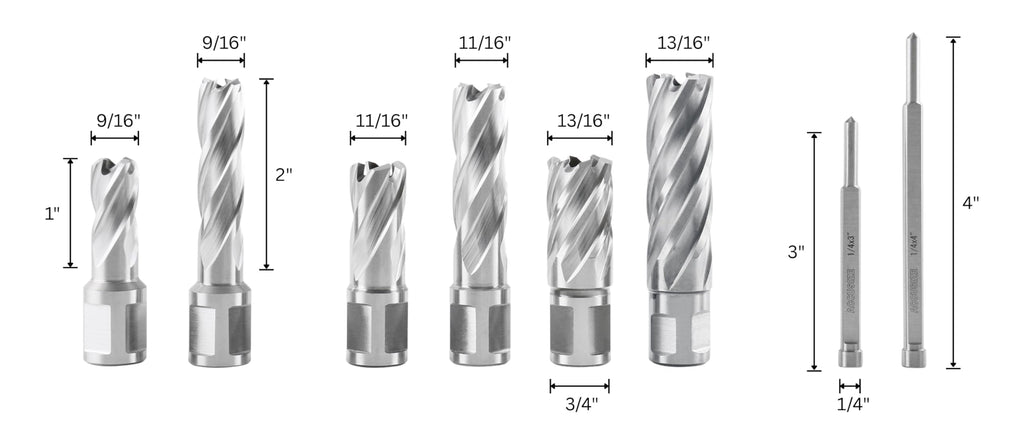 Accusize Industrial Tools Slugger Cutter Set, 9/16", 11/13", & 13/16" Cut Dia., 1" & 2" Cut Depth, 3/4" Weldon Shank, 2 Pilot Pins, 8 Pcs, 0519-0002