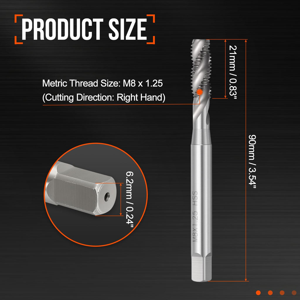 Workkyma M8 x 1.25 Spiral Flute Thread Tap M2 High Speed Steel Polished