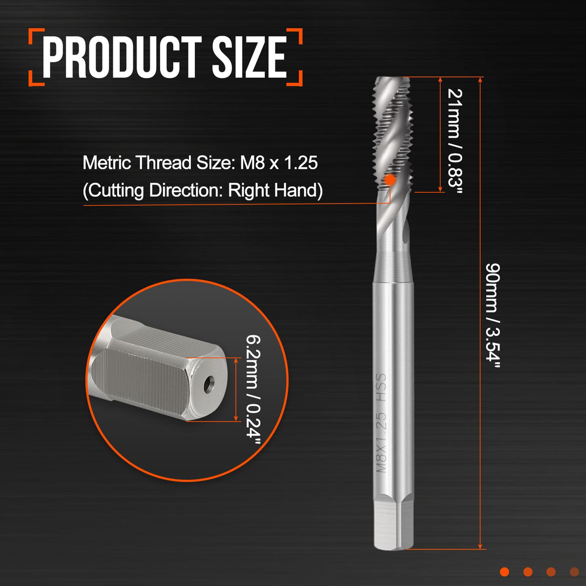 Workkyma M8 x 1.25 Spiral Flute Thread Tap M2 High Speed Steel Polished