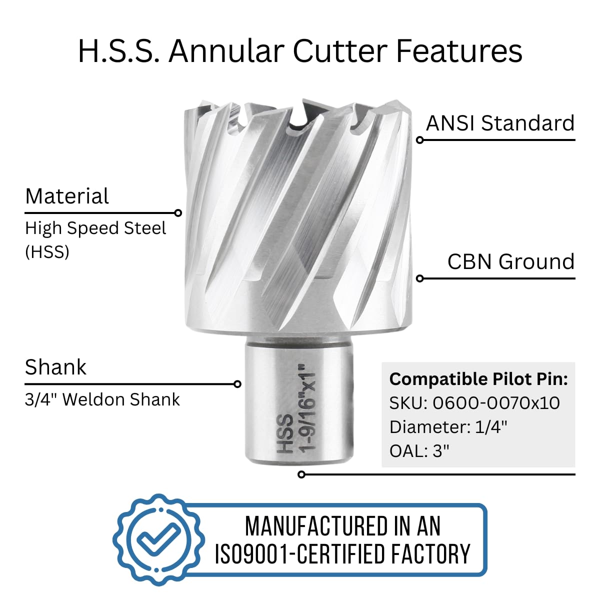 Accusize HSS Annular Cutter 1-9/16 x 1 in Cutting Depth, 3/4" Weldon Shank