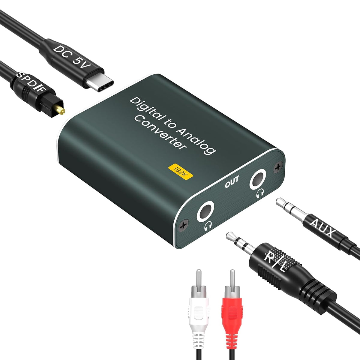 Digital to Analog Audio Converter,192kHz DAC Converter Digital Optical to Dual Analog 3.5mm AUX Audio Adapter with