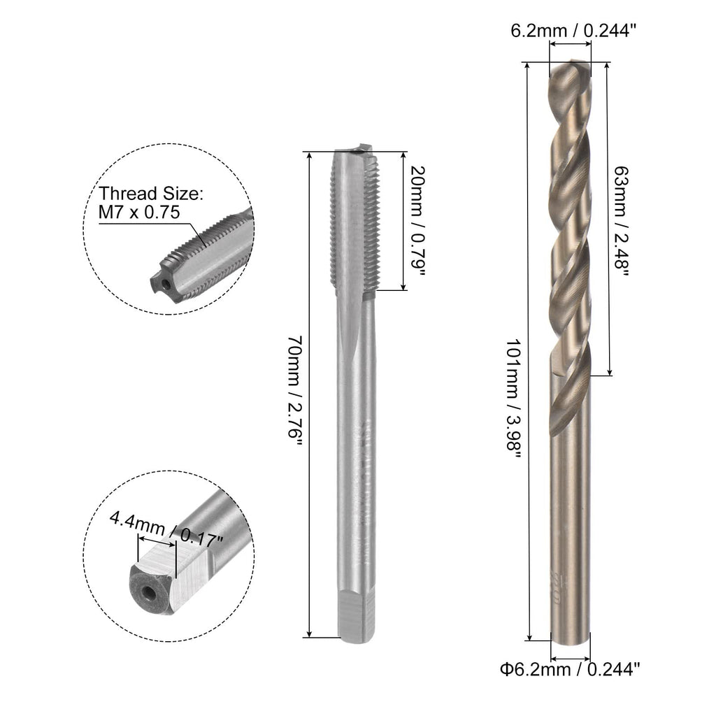 uxcell Tap & Bit Sets, M7 x 0.75 H2 Straight Flute Machine Thread Milling Tap, 6.2mm M35 Cobalt High Speed Steel (HSS-CO) Twist Drill Bit
