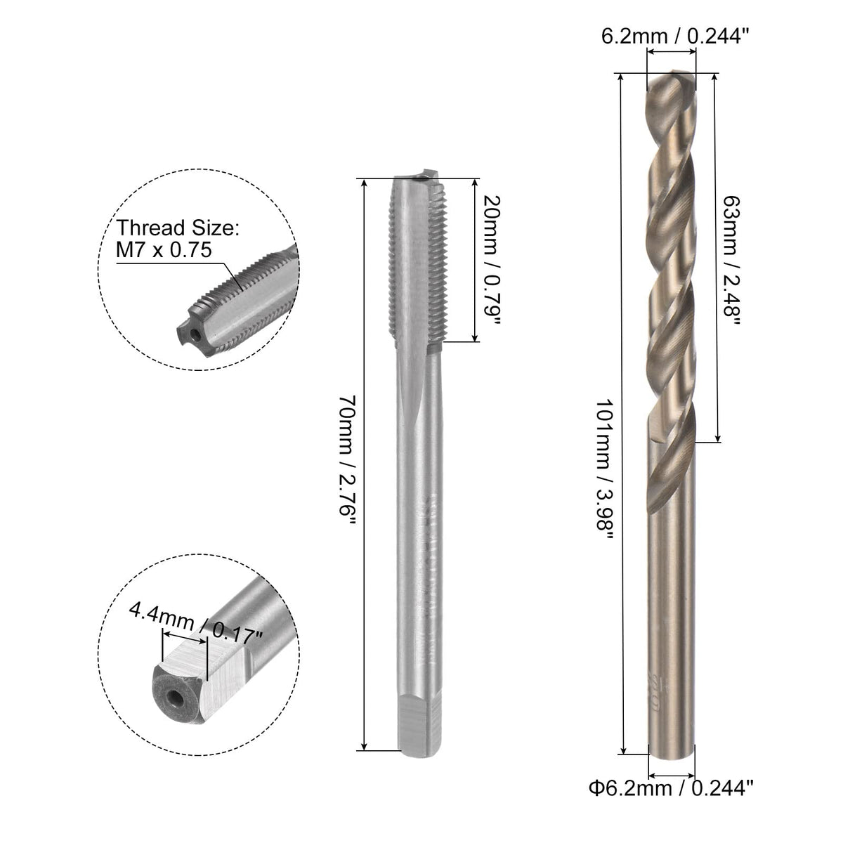 uxcell Tap & Bit Sets, M7 x 0.75 H2 Straight Flute Machine Thread Milling Tap, 6.2mm M35 Cobalt High Speed Steel (HSS-CO) Twist Drill Bit