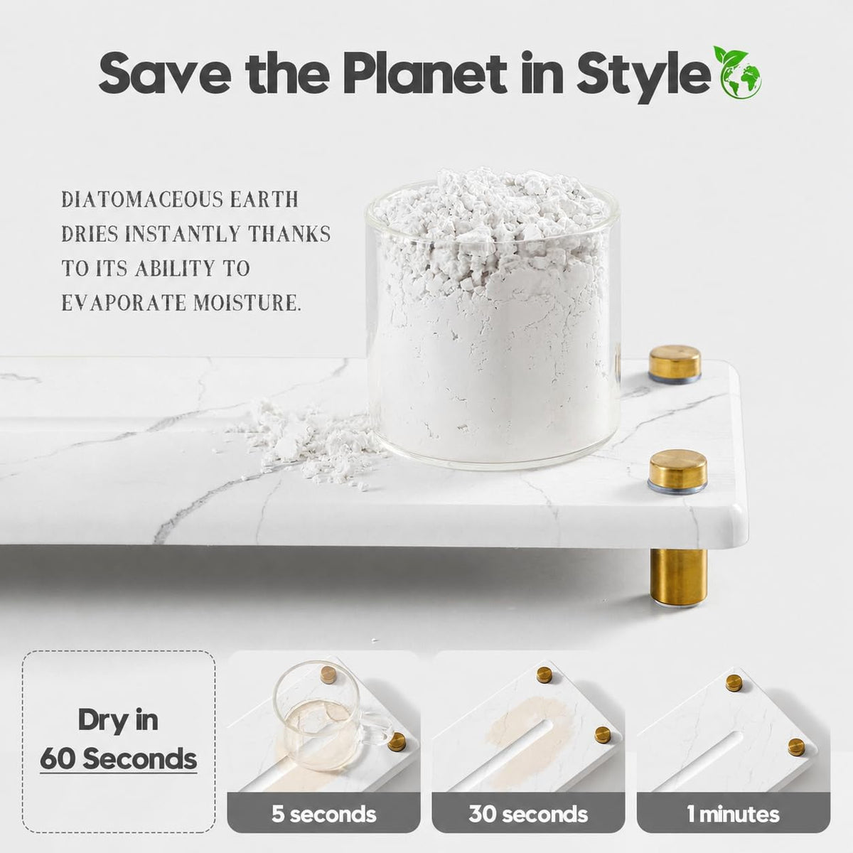White Marble Pattern Style Water Absorbing Stone Sink Caddy, Bathroom & Kitchen Counter Organizer Tray, Faucet Drying
