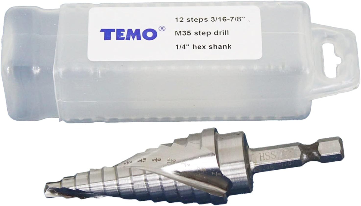 TEMO M35 Cobalt Spiral Step Drill Unibit Bit 3/16" -7/8" 12 Size 1/4" Shank