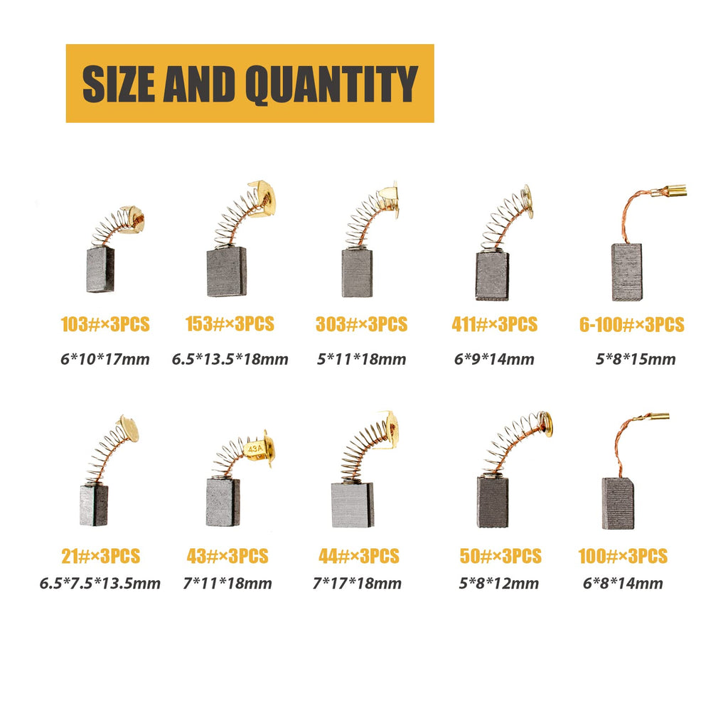 30 Pcs Electric Motor Carbon Brushes Set, 10 Assorted Sizes Carbon Brushes Replacement Kit for Angle Grinders, Electric Hammer Drills, Circular Saws