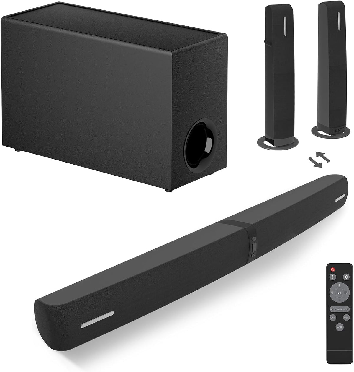Sound Bar with Subwoofer, 110W Sound Bar for Smart TV with Adjustable Deep Bass & Volume Boost & 3 Equalizer Modes