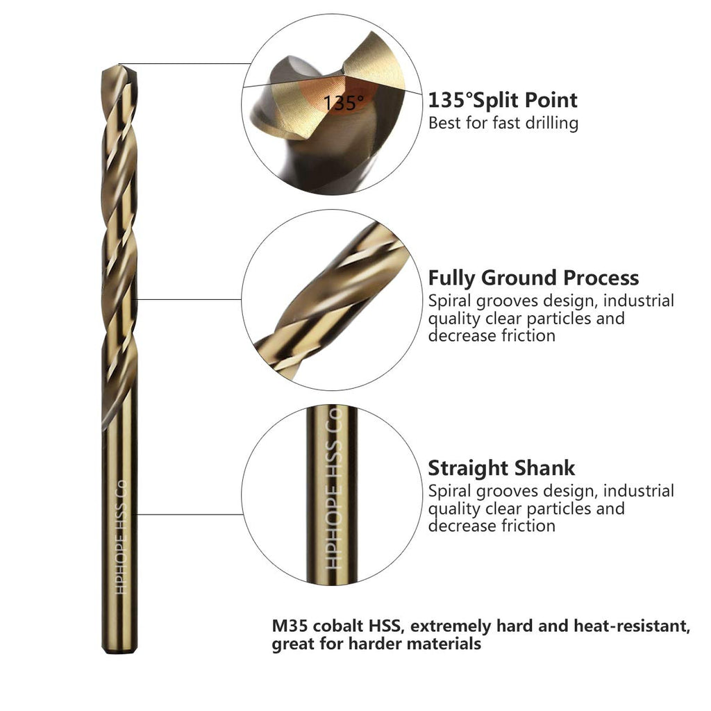 1/8 Inch Cobalt Drill Bits 10Pcs - HPHOPE M35 HSS Metal Twist Drill Bits Set, Jobber Drill Bits Length and Straight Shank, Suitable for Drilling in Hard Metal, Stainless Steel, Cast Iron