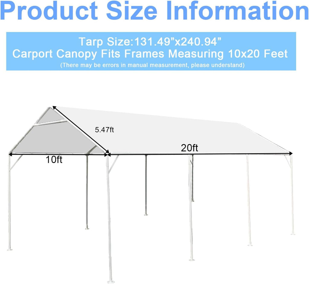 10 x 20 Ft Heavy Duty Carport Replacement Canopy Waterproof UV Protected Garage Top Shelter Tarp Tent Cover with 44