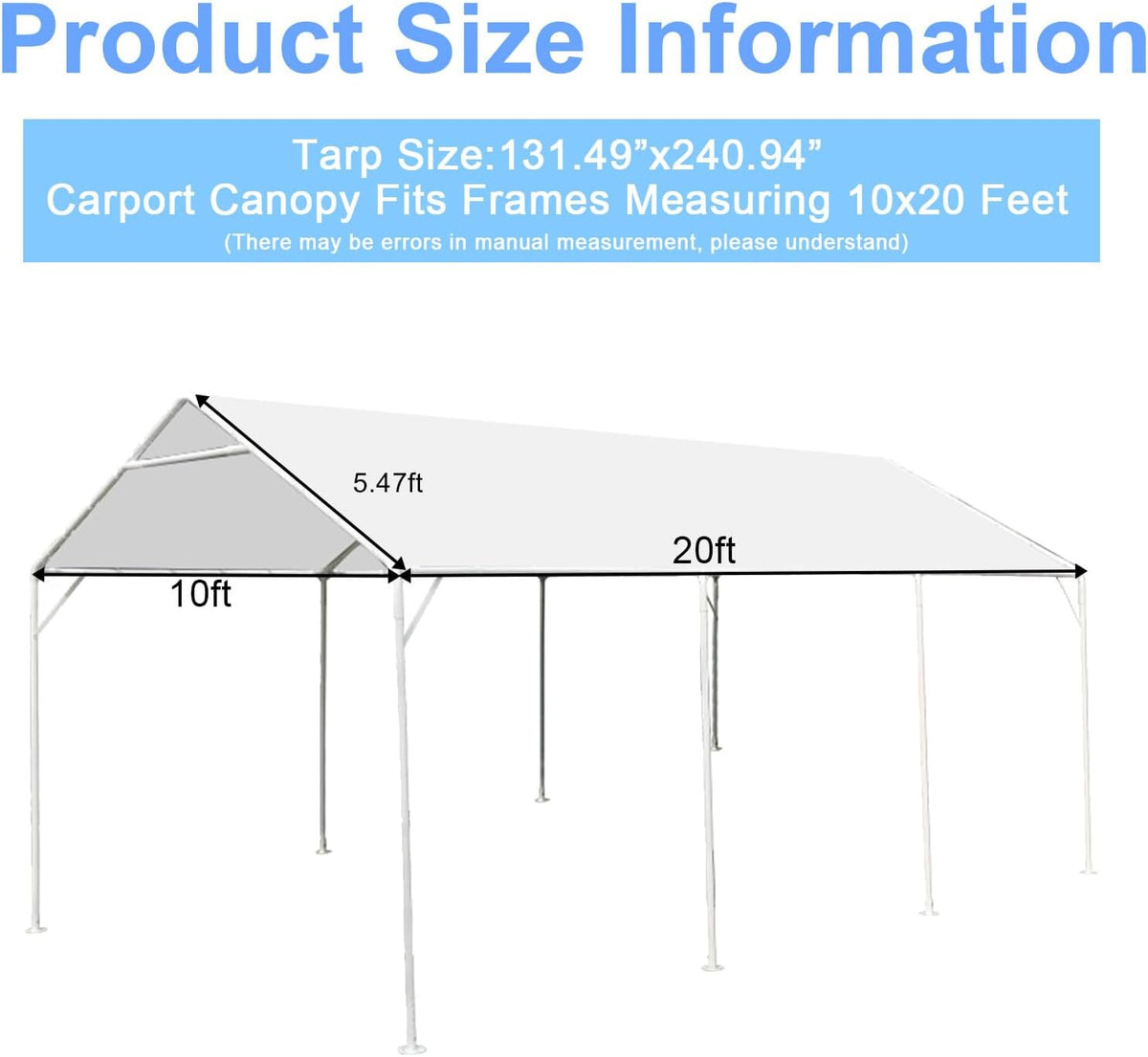 10 x 20 Ft Heavy Duty Carport Replacement Canopy Waterproof UV Protected Garage Top Shelter Tarp Tent Cover with 44